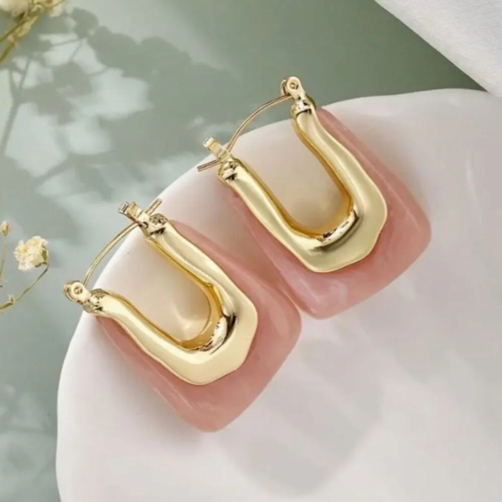 NEW 24k Gold Plated Pink and Gold Square Drop Hoop Earrings Hoops